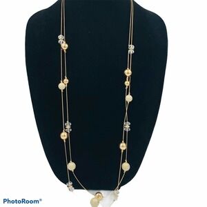 Gold Tone Beaded Long Layered Necklace